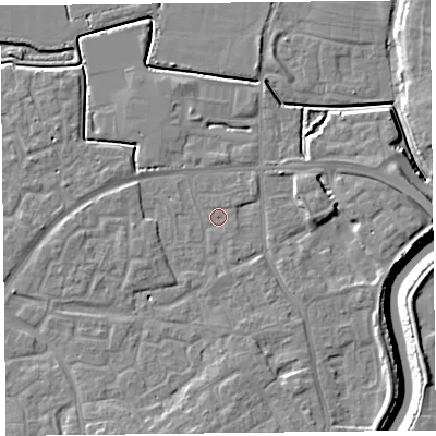 Shaded relief map of the ground around TA63TW, computed from Environment Agency LiDAR. The ground here sits at about 6 m above sea level and falls 10 m across the surrounding 800 m. The ground contributing surface water to this point lies to the north-east.