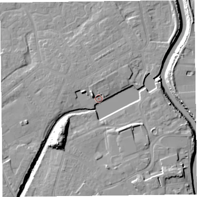 Shaded relief map of the ground around TA63TX, computed from Environment Agency LiDAR. The ground here sits at about 8 m above sea level and falls 18 m across the surrounding 800 m. Surface water reaching this point runs off ground lying to the south-west, 13.7 m higher.