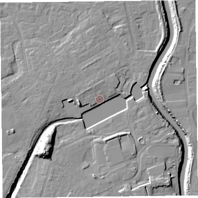 Shaded relief map of the ground around TA63TY, computed from Environment Agency LiDAR. The ground here sits at about 9 m above sea level and falls 18 m across the surrounding 800 m. Surface water reaching this point runs off ground lying to the south-west, 13.7 m higher.