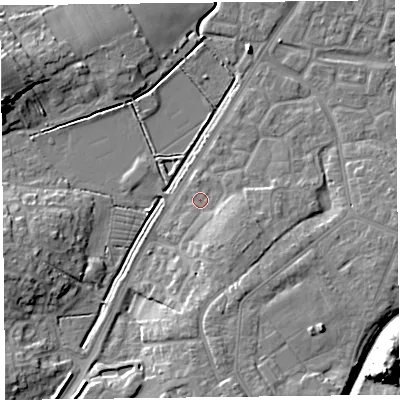 Shaded relief map of the ground around TA63UE, computed from Environment Agency LiDAR. The ground here sits at about 7 m above sea level and falls 15 m across the surrounding 800 m. Surface water reaching this point runs off ground lying to the south-east, 4.1 m higher.