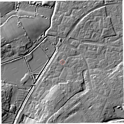 Shaded relief map of the ground around TA63UF, computed from Environment Agency LiDAR. The ground here sits at about 7 m above sea level and falls 7 m across the surrounding 800 m. Surface water reaching this point runs off ground lying to the east, 0.9 m higher.