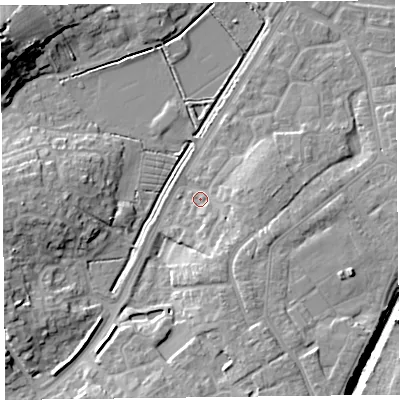 Shaded relief map of the ground around TA63UG, computed from Environment Agency LiDAR. The ground here sits at about 7 m above sea level and falls 16 m across the surrounding 800 m. Surface water reaching this point runs off ground lying to the south-south-east, 6.7 m higher.