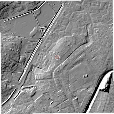 Shaded relief map of the ground around TA63UL, computed from Environment Agency LiDAR. The ground here sits at about 10 m above sea level and falls 15 m across the surrounding 800 m. Surface water reaching this point runs off ground lying to the south, 3.5 m higher.