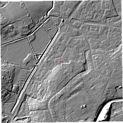 Shaded relief map of the ground around TA63UQ, computed from Environment Agency LiDAR. The ground here sits at about 8 m above sea level and falls 15 m across the surrounding 800 m. Surface water reaching this point runs off ground lying to the south, 3.6 m higher.