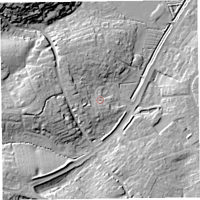 Shaded relief map of the ground around TA63UR, computed from Environment Agency LiDAR. The ground here sits at about 9 m above sea level and falls 19 m across the surrounding 800 m. Surface water reaching this point runs off ground lying to the south-south-west, 2.4 m higher.