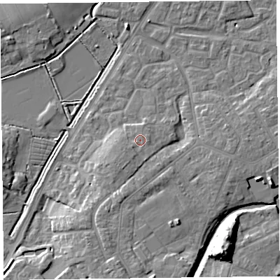 Shaded relief map of the ground around TA63US, computed from Environment Agency LiDAR. The ground here sits at about 9 m above sea level and falls 15 m across the surrounding 800 m. Surface water reaching this point runs off ground lying to the south-south-west, 2.1 m higher.