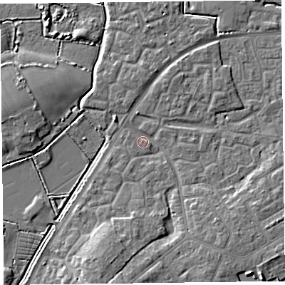 Shaded relief map of the ground around TA63UT, computed from Environment Agency LiDAR. The ground here sits at about 7 m above sea level and falls 8 m across the surrounding 800 m. Surface water reaching this point runs off ground lying to the south, 4.9 m higher.