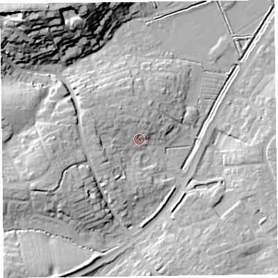 Shaded relief map of the ground around TA63UW, computed from Environment Agency LiDAR. The ground here sits at about 9 m above sea level and falls 31 m across the surrounding 800 m. Surface water reaching this point runs off ground lying to the west-north-west, 4.9 m higher.