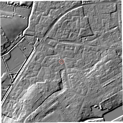 Shaded relief map of the ground around TA63UX, computed from Environment Agency LiDAR. The ground here sits at about 7 m above sea level and falls 8 m across the surrounding 800 m. Surface water reaching this point runs off ground lying to the south-south-west, 5.1 m higher.