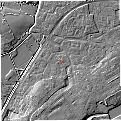 Shaded relief map of the ground around TA63UY, computed from Environment Agency LiDAR. The ground here sits at about 7 m above sea level and falls 8 m across the surrounding 800 m. Surface water reaching this point runs off ground lying to the south, 1.6 m higher.