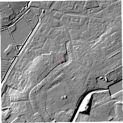 Shaded relief map of the ground around TA63WE, computed from Environment Agency LiDAR. The ground here sits at about 8 m above sea level and falls 15 m across the surrounding 800 m. Surface water reaching this point runs off ground lying to the south-south-west, 5.4 m higher.