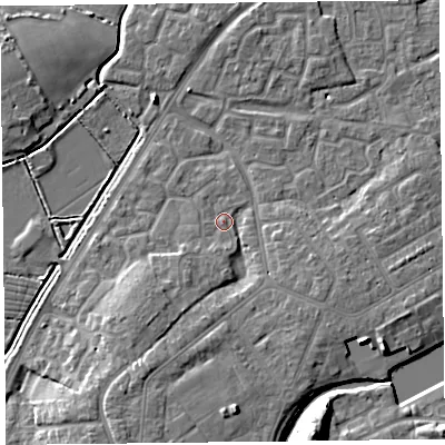 Shaded relief map of the ground around TA63WF, computed from Environment Agency LiDAR. The ground here sits at about 8 m above sea level and falls 13 m across the surrounding 800 m. Surface water reaching this point runs off ground lying to the south-south-west, 5.6 m higher.