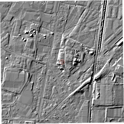 Shaded relief map of the ground around TA64AA, computed from Environment Agency LiDAR. The ground here sits at about 8 m above sea level and falls 7 m across the surrounding 800 m. Surface water reaching this point runs off ground lying to the east-north-east, 1.4 m higher.