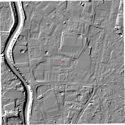 Shaded relief map of the ground around TA64AB, computed from Environment Agency LiDAR. The ground here sits at about 7 m above sea level and falls 12 m across the surrounding 800 m. Surface water reaching this point runs off ground lying to the north-east, 1.3 m higher.