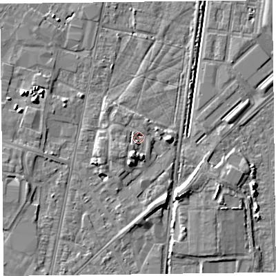 Shaded relief map of the ground around TA64AD, computed from Environment Agency LiDAR. The ground here sits at about 7 m above sea level and falls 7 m across the surrounding 800 m. Surface water reaching this point runs off ground lying to the south-south-west, 5.1 m higher.