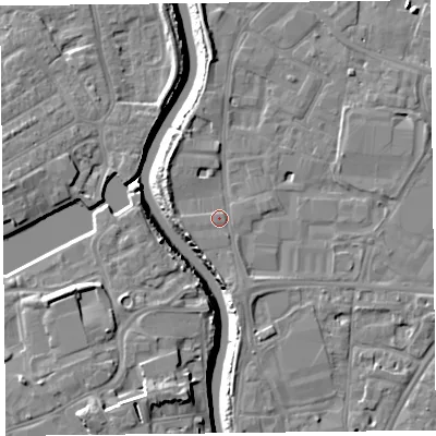 Shaded relief map of the ground around TA64AE, computed from Environment Agency LiDAR. The ground here sits at about 7 m above sea level and falls 12 m across the surrounding 800 m. Surface water reaching this point runs off ground lying to the west-south-west, 2.0 m higher.