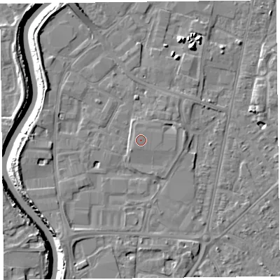Shaded relief map of the ground around TA64AF, computed from Environment Agency LiDAR. The ground here sits at about 8 m above sea level and falls 9 m across the surrounding 800 m. The ground contributing surface water to this point lies to the west.