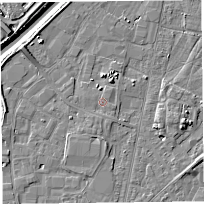 Shaded relief map of the ground around TA64AG, computed from Environment Agency LiDAR. The ground here sits at about 7 m above sea level and falls 10 m across the surrounding 800 m. Surface water reaching this point runs off ground lying to the south-east, 1.0 m higher.