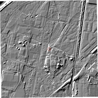 Shaded relief map of the ground around TA64AH, computed from Environment Agency LiDAR. The ground here sits at about 8 m above sea level and falls 10 m across the surrounding 800 m. Surface water reaching this point runs off ground lying to the south-south-east, 1.1 m higher.