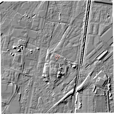 Shaded relief map of the ground around TA64AJ, computed from Environment Agency LiDAR. The ground here sits at about 8 m above sea level and falls 7 m across the surrounding 800 m. Surface water reaching this point runs off ground lying to the south, 1.9 m higher.