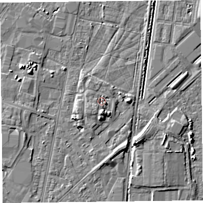 Shaded relief map of the ground around TA64AL, computed from Environment Agency LiDAR. The ground here sits at about 8 m above sea level and falls 7 m across the surrounding 800 m. Surface water reaching this point runs off ground lying to the south, 5.1 m higher.