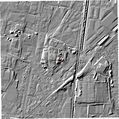 Shaded relief map of the ground around TA64AN, computed from Environment Agency LiDAR. The ground here sits at about 10 m above sea level and falls 7 m across the surrounding 800 m. Surface water reaching this point runs off ground lying to the west, 4.8 m higher.