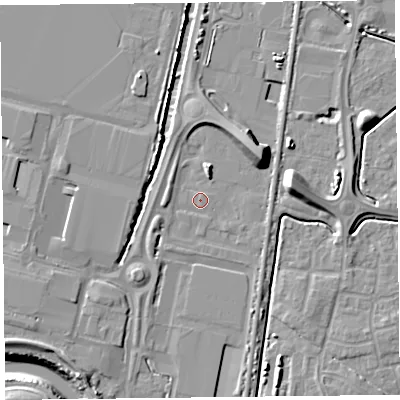 Shaded relief map of the ground around TA64AP, computed from Environment Agency LiDAR. The ground here sits at about 7 m above sea level and falls 13 m across the surrounding 800 m. Surface water reaching this point runs off ground lying to the east-north-east, 8.1 m higher.