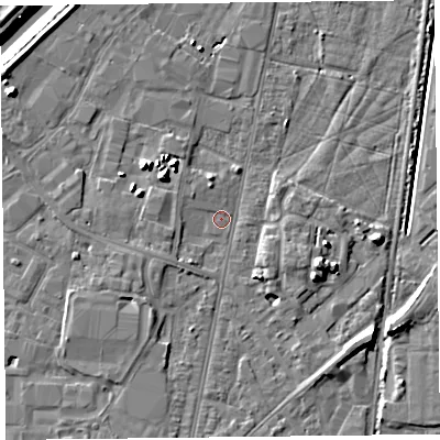 Shaded relief map of the ground around TA64AQ, computed from Environment Agency LiDAR. The ground here sits at about 6 m above sea level and falls 10 m across the surrounding 800 m. Surface water reaching this point runs off ground lying to the south-west, 1.8 m higher.