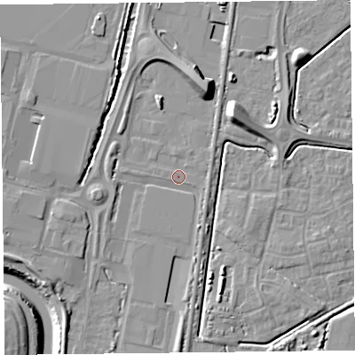 Shaded relief map of the ground around TA64AR, computed from Environment Agency LiDAR. The ground here sits at about 6 m above sea level and falls 13 m across the surrounding 800 m. Surface water reaching this point runs off ground lying to the north-north-east, 8.1 m higher.