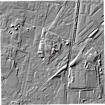 Shaded relief map of the ground around TA64AS, computed from Environment Agency LiDAR. The ground here sits at about 10 m above sea level and falls 7 m across the surrounding 800 m. Surface water reaching this point runs off ground lying to the north-north-east, 4.1 m higher.