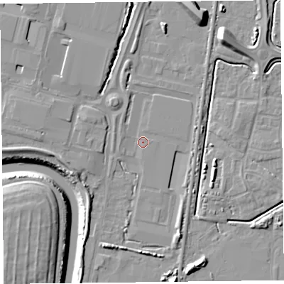 Shaded relief map of the ground around TA64AT, computed from Environment Agency LiDAR. The ground here sits at about 6 m above sea level and falls 13 m across the surrounding 800 m. Surface water reaching this point runs off ground lying to the west-south-west, 4.2 m higher.