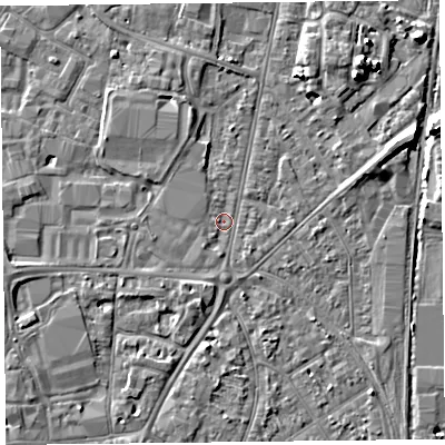 Shaded relief map of the ground around TA64AU, computed from Environment Agency LiDAR. The ground here sits at about 6 m above sea level and falls 7 m across the surrounding 800 m. Surface water reaching this point runs off ground lying to the east-north-east, 2.7 m higher.