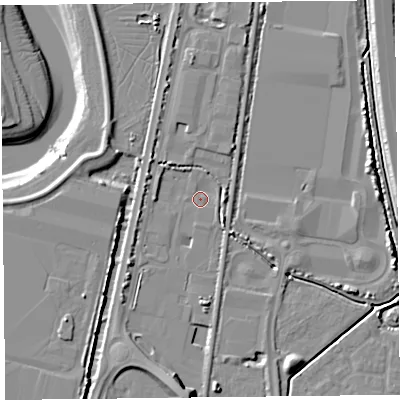 Shaded relief map of the ground around TA64AW, computed from Environment Agency LiDAR. The ground here sits at about 6 m above sea level and falls 13 m across the surrounding 800 m. Surface water reaching this point runs off ground lying to the south, 8.8 m higher.