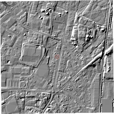 Shaded relief map of the ground around TA64AX, computed from Environment Agency LiDAR. The ground here sits at about 7 m above sea level and falls 7 m across the surrounding 800 m. Surface water reaching this point runs off ground lying to the east, 2.8 m higher.