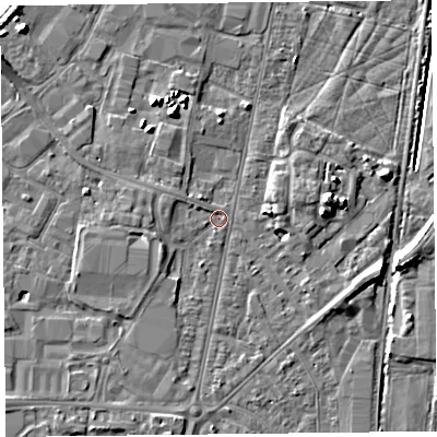 Shaded relief map of the ground around TA64AY, computed from Environment Agency LiDAR. The ground here sits at about 7 m above sea level and falls 9 m across the surrounding 800 m. Surface water reaching this point runs off ground lying to the west-south-west, 1.8 m higher.