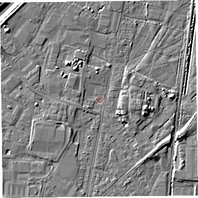Shaded relief map of the ground around TA64AZ, computed from Environment Agency LiDAR. The ground here sits at about 6 m above sea level and falls 10 m across the surrounding 800 m. Surface water reaching this point runs off ground lying to the south-west, 1.8 m higher.