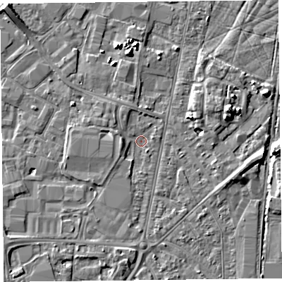 Shaded relief map of the ground around TA64BA, computed from Environment Agency LiDAR. The ground here sits at about 7 m above sea level and falls 7 m across the surrounding 800 m. Surface water reaching this point runs off ground lying to the west, 1.8 m higher.