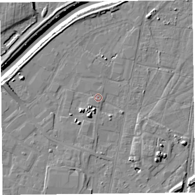 Shaded relief map of the ground around TA64BB, computed from Environment Agency LiDAR. The ground here sits at about 7 m above sea level and falls 11 m across the surrounding 800 m. Surface water reaching this point runs off ground lying to the west, 5.0 m higher.