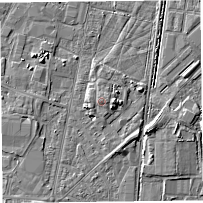 Shaded relief map of the ground around TA64BD, computed from Environment Agency LiDAR. The ground here sits at about 9 m above sea level and falls 7 m across the surrounding 800 m. Surface water reaching this point runs off ground lying to the east-north-east, 1.0 m higher.