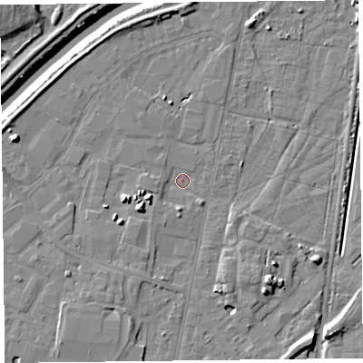 Shaded relief map of the ground around TA64BE, computed from Environment Agency LiDAR. The ground here sits at about 6 m above sea level and falls 11 m across the surrounding 800 m. Surface water reaching this point runs off ground lying to the south-west, 4.8 m higher.