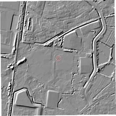 Shaded relief map of the ground around TA64BF, computed from Environment Agency LiDAR. The ground here sits at about 6 m above sea level and falls 8 m across the surrounding 800 m. Surface water reaching this point runs off ground lying to the north, 4.8 m higher.