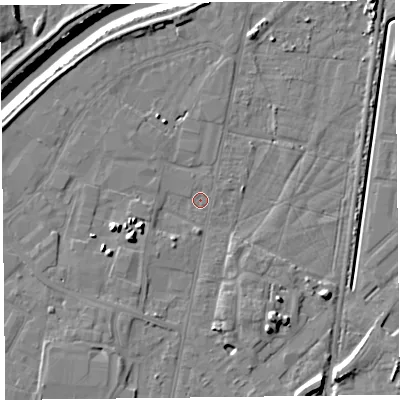 Shaded relief map of the ground around TA64BG, computed from Environment Agency LiDAR. The ground here sits at about 6 m above sea level and falls 10 m across the surrounding 800 m. Surface water reaching this point runs off ground lying to the south-south-west, 2.2 m higher.