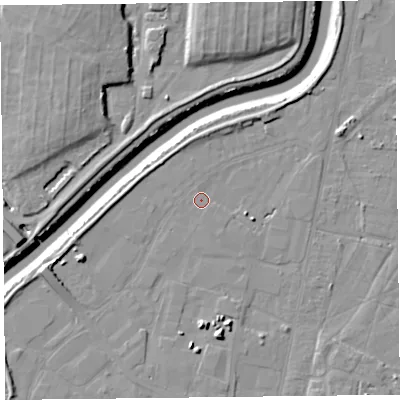 Shaded relief map of the ground around TA64BH, computed from Environment Agency LiDAR. The ground here sits at about 7 m above sea level and falls 11 m across the surrounding 800 m. Surface water reaching this point runs off ground lying to the south-east, 1.1 m higher.