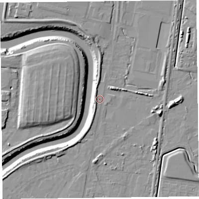 Shaded relief map of the ground around TA64BJ, computed from Environment Agency LiDAR. The ground here sits at about 7 m above sea level and falls 11 m across the surrounding 800 m. Surface water reaching this point runs off ground lying to the south-south-west, 2.2 m higher.