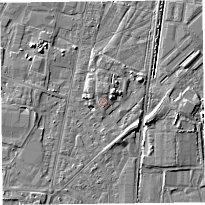 Shaded relief map of the ground around TA64BL, computed from Environment Agency LiDAR. The ground here sits at about 8 m above sea level and falls 7 m across the surrounding 800 m. Surface water reaching this point runs off ground lying to the north-north-east, 1.9 m higher.