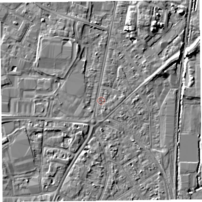 Shaded relief map of the ground around TA64BN, computed from Environment Agency LiDAR. The ground here sits at about 7 m above sea level and falls 7 m across the surrounding 800 m. Surface water reaching this point runs off ground lying to the east-north-east, 2.7 m higher.