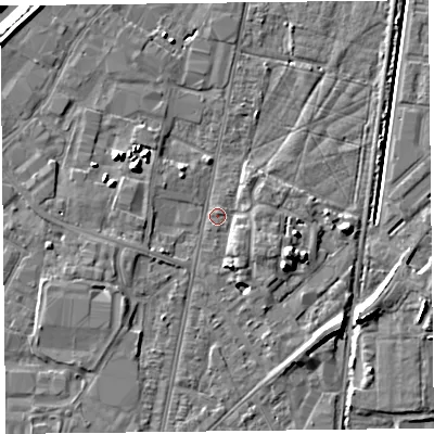 Shaded relief map of the ground around TA64BP, computed from Environment Agency LiDAR. The ground here sits at about 7 m above sea level and falls 10 m across the surrounding 800 m. Surface water reaching this point runs off ground lying to the east-south-east, 3.6 m higher.