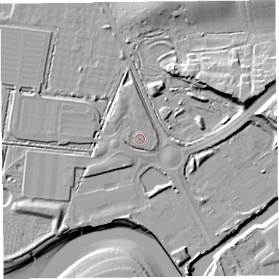 Shaded relief map of the ground around TA64BQ, computed from Environment Agency LiDAR. The ground here sits at about 9 m above sea level and falls 20 m across the surrounding 800 m. Surface water reaching this point runs off ground lying to the west-north-west, 0.6 m higher.