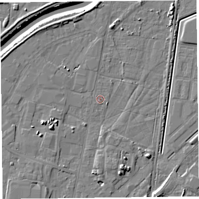 Shaded relief map of the ground around TA64BS, computed from Environment Agency LiDAR. The ground here sits at about 6 m above sea level and falls 10 m across the surrounding 800 m. Surface water reaching this point runs off ground lying to the north-west, 3.8 m higher.