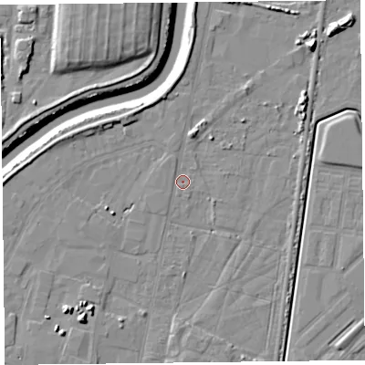 Shaded relief map of the ground around TA64BT, computed from Environment Agency LiDAR. The ground here sits at about 6 m above sea level and falls 11 m across the surrounding 800 m. Surface water reaching this point runs off ground lying to the west, 3.7 m higher.